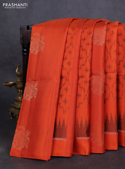 Ikat soft silk saree orange and dark sandal with allover ikat weaves & zari buttas in borderless style