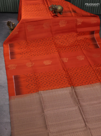 Ikat soft silk saree orange and dark sandal with allover ikat weaves & zari buttas in borderless style