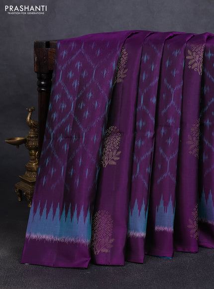 Ikat soft silk saree purple and dual tone bluish green with allover ikat weaves & zari buttas in borderless style