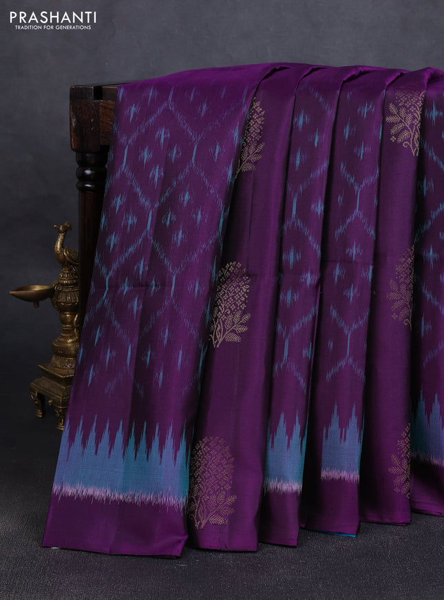 Ikat soft silk saree purple and dual tone bluish green with allover ikat weaves & zari buttas in borderless style