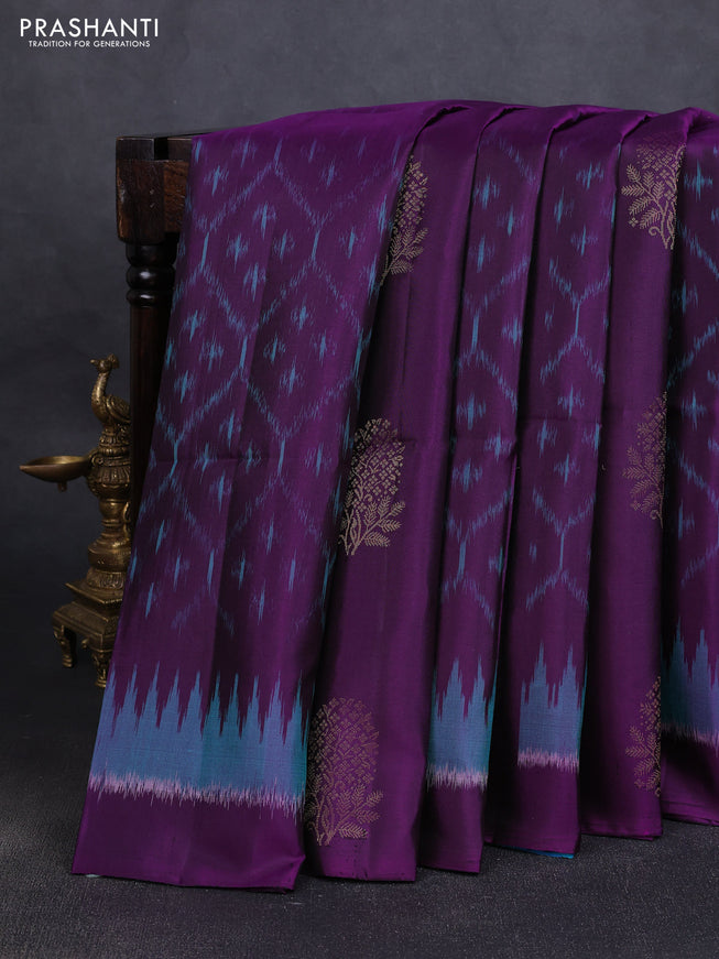 Ikat soft silk saree purple and dual tone bluish green with allover ikat weaves & zari buttas in borderless style