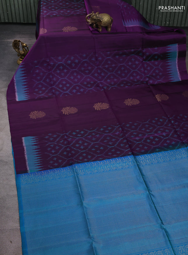Ikat soft silk saree purple and dual tone bluish green with allover ikat weaves & zari buttas in borderless style