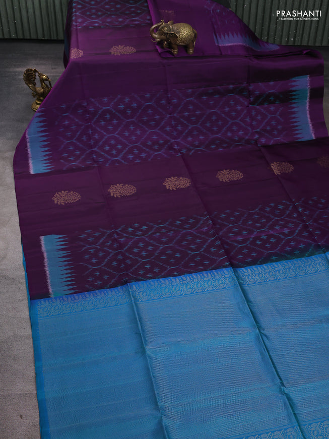 Ikat soft silk saree purple and dual tone bluish green with allover ikat weaves & zari buttas in borderless style