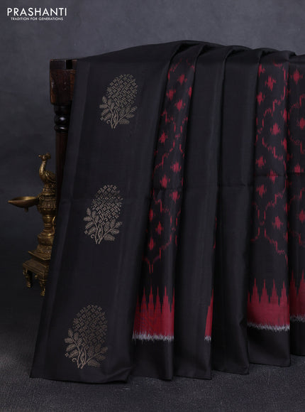 Ikat soft silk saree black and red with allover ikat weaves & zari buttas in borderless style