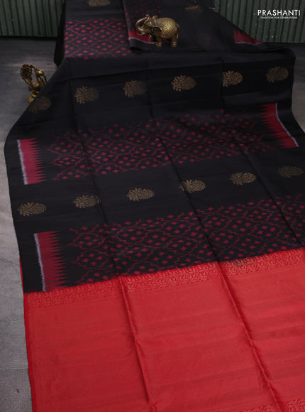 Ikat soft silk saree black and red with allover ikat weaves & zari buttas in borderless style