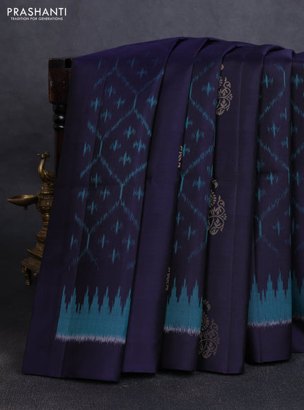 Ikat soft silk saree navy blue and dual tone teal bluish green with allover ikat weaves & zari buttas in borderless style