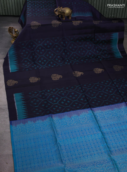 Ikat soft silk saree navy blue and dual tone teal bluish green with allover ikat weaves & zari buttas in borderless style