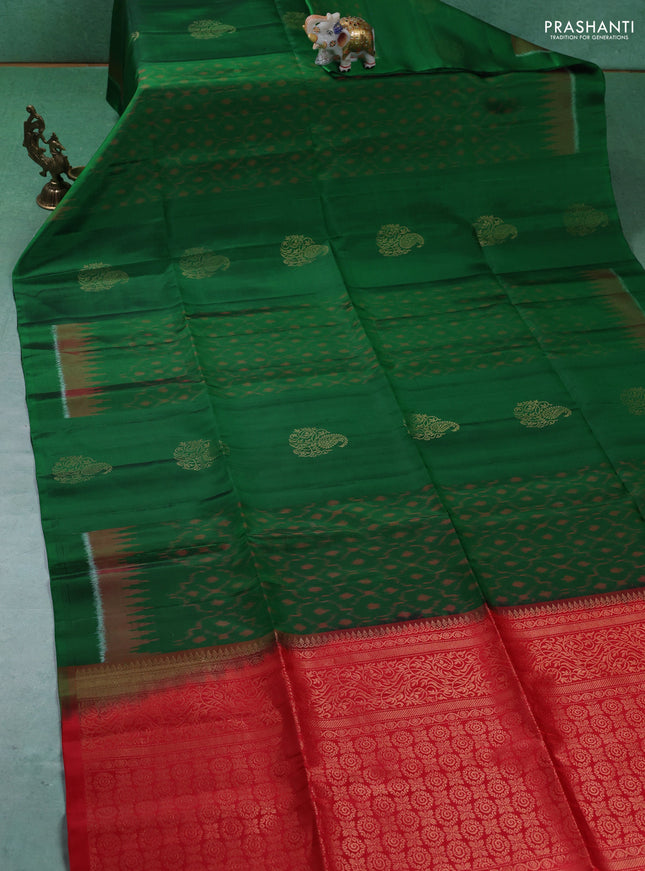Ikat soft silk saree green and red with allover ikat weaves & zari buttas in borderless style