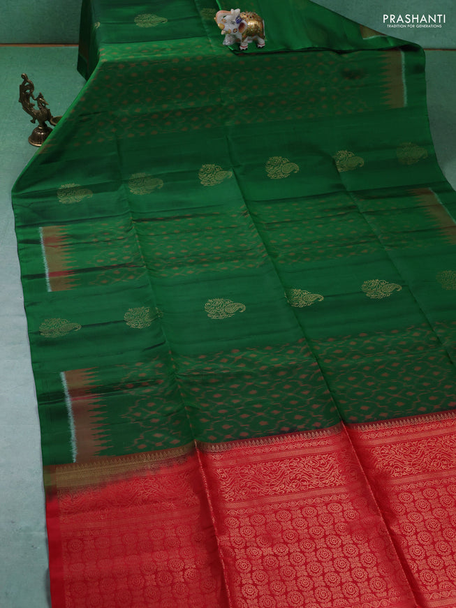 Ikat soft silk saree green and red with allover ikat weaves & zari buttas in borderless style