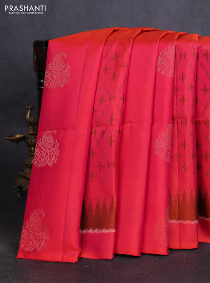 Ikat soft silk saree dual tone pinkish orange and dark sandal with allover ikat weaves & zari buttas in borderless style