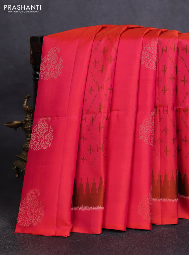 Ikat soft silk saree dual tone pinkish orange and dark sandal with allover ikat weaves & zari buttas in borderless style