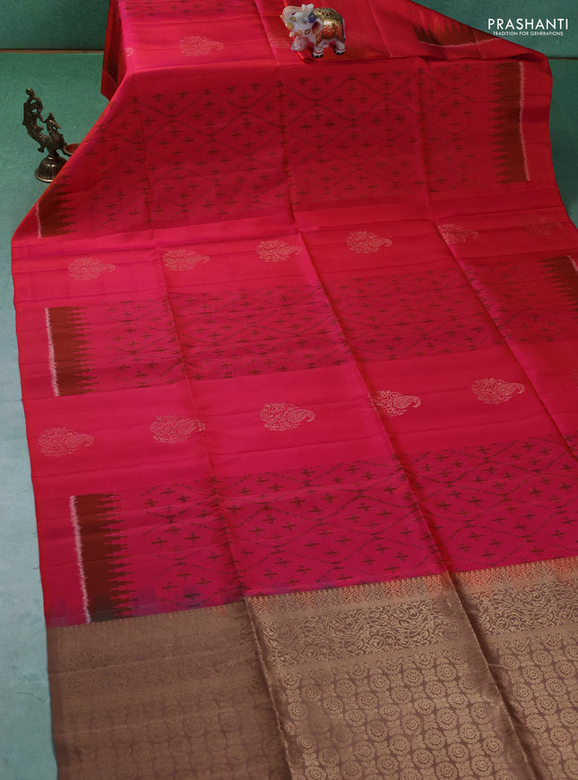 Ikat soft silk saree dual tone pinkish orange and dark sandal with allover ikat weaves & zari buttas in borderless style