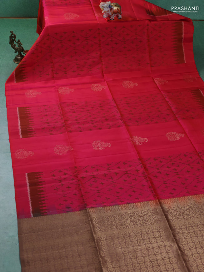 Ikat soft silk saree dual tone pinkish orange and dark sandal with allover ikat weaves & zari buttas in borderless style