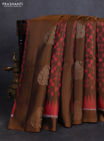 Ikat soft silk saree dark mustard and red with allover ikat weaves & zari buttas in borderless style