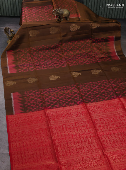 Ikat soft silk saree dark mustard and red with allover ikat weaves & zari buttas in borderless style
