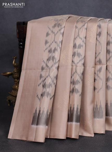 Ikat soft silk saree beige and dark mustard with allover ikat weaves & zari buttas in borderless style