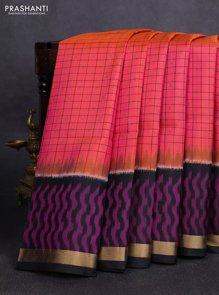 Ikat soft silk saree dual tone pinkish orange and black with allover checks & ikat buttas and long ikat woven zari border