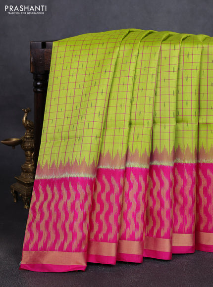 Ikat soft silk saree light green and pink with allover checks & ikat buttas and long ikat woven zari border