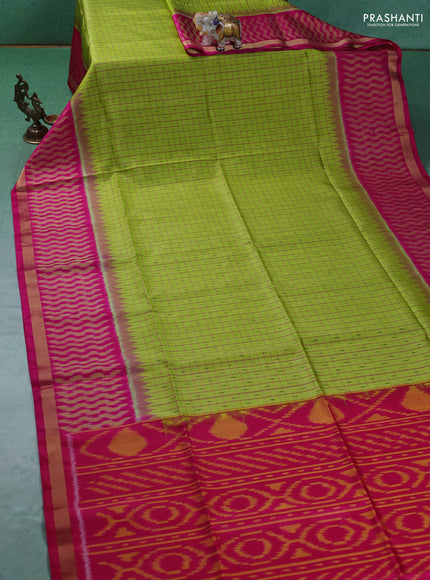 Ikat soft silk saree light green and pink with allover checks & ikat buttas and long ikat woven zari border