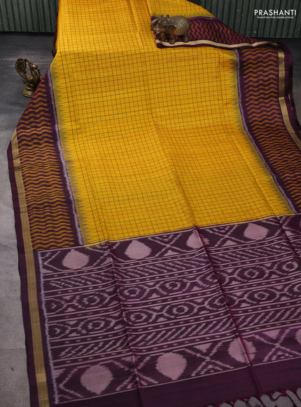 Ikat soft silk saree yellow and purple with allover checks & ikat buttas and long ikat woven zari border