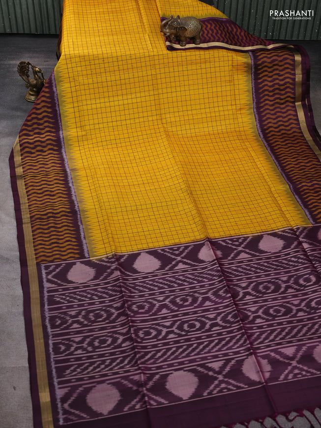 Ikat soft silk saree yellow and purple with allover checks & ikat buttas and long ikat woven zari border