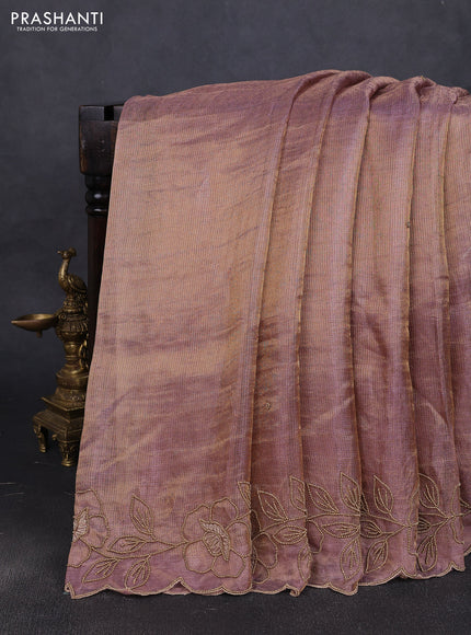 Tissue silk saree dual tone pastel purple with plain body and floral beaded embroidery work border