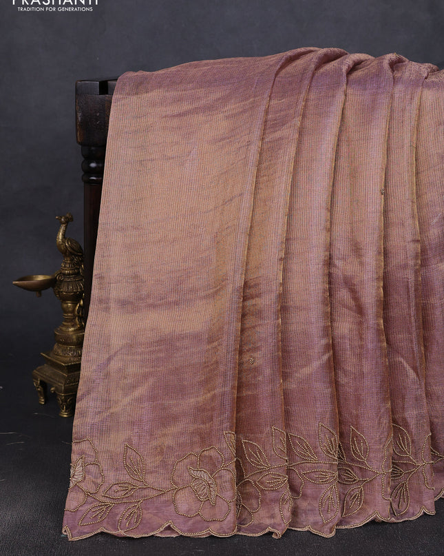 Tissue silk saree dual tone pastel purple with plain body and floral beaded embroidery work border