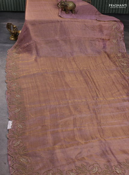 Tissue silk saree dual tone pastel purple with plain body and floral beaded embroidery work border