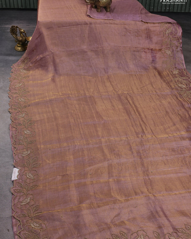 Tissue silk saree dual tone pastel purple with plain body and floral beaded embroidery work border