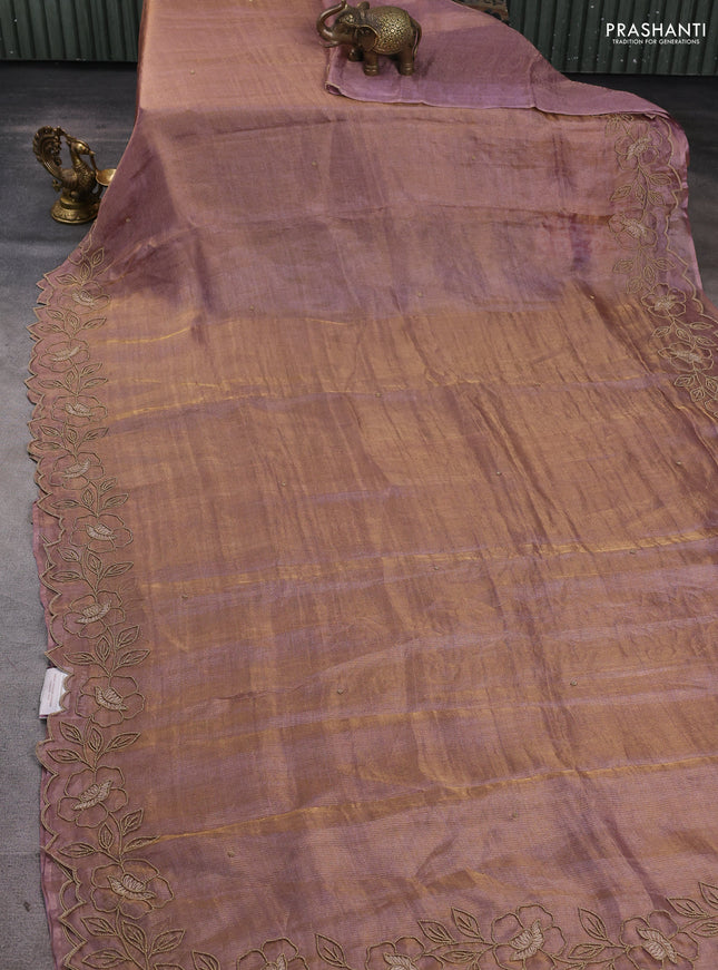 Tissue silk saree dual tone pastel purple with plain body and floral beaded embroidery work border