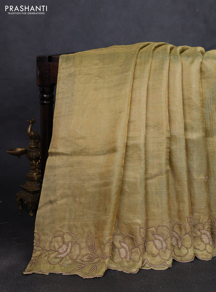 Tissue silk saree light green with plain body and floral beaded embroidery work border