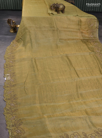 Tissue silk saree light green with plain body and floral beaded embroidery work border