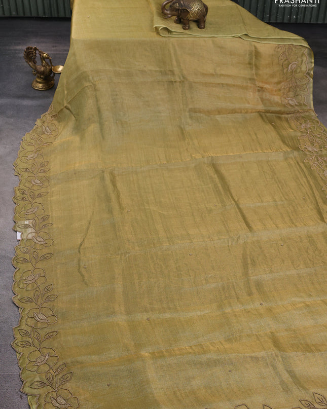 Tissue silk saree light green with plain body and floral beaded embroidery work border
