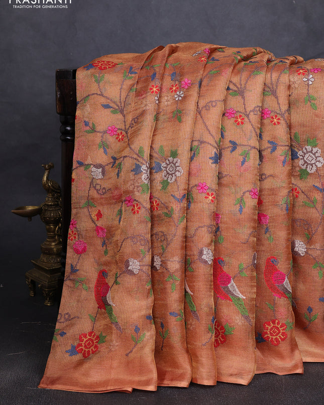 Tissue silk saree rust shade with allover priti point embroidery and simple border