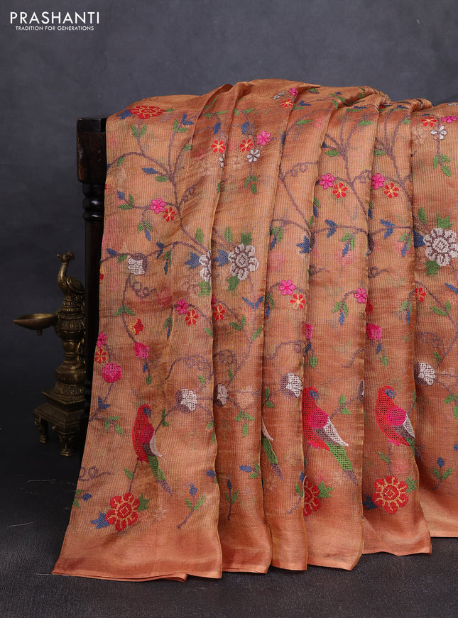 Tissue silk saree rust shade with allover priti point embroidery and simple border