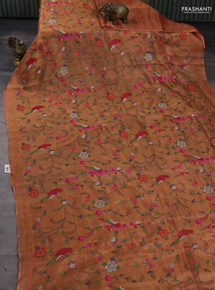 Tissue silk saree rust shade with allover priti point embroidery and simple border