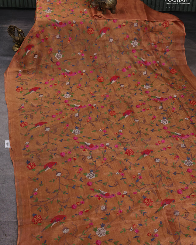 Tissue silk saree rust shade with allover priti point embroidery and simple border
