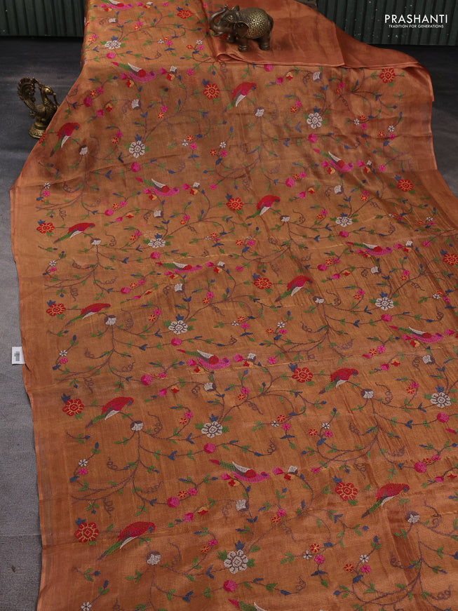 Tissue silk saree rust shade with allover priti point embroidery and simple border