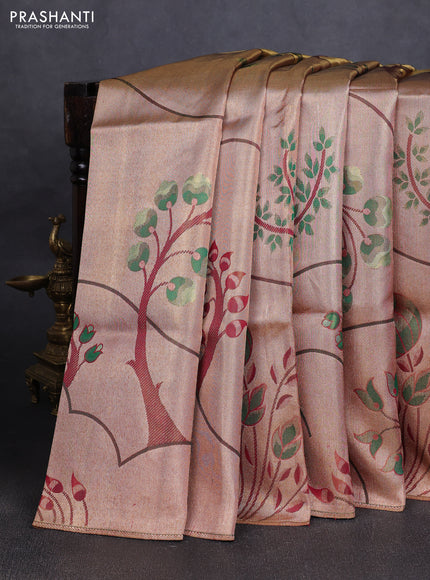 Pure kanchipuram tissue silk saree gold and dual tone pinkish gold with zari woven inspired motifis in borderless style