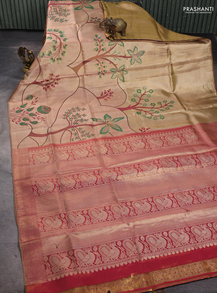 Pure kanchipuram tissue silk saree gold and dual tone pinkish gold with zari woven inspired motifis in borderless style