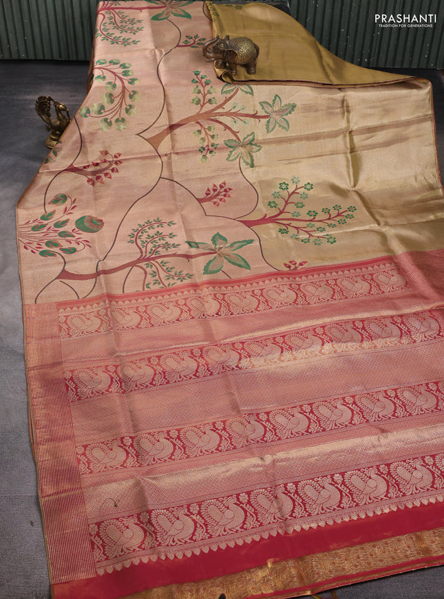 Pure kanchipuram tissue silk saree gold and dual tone pinkish gold with zari woven inspired motifis in borderless style