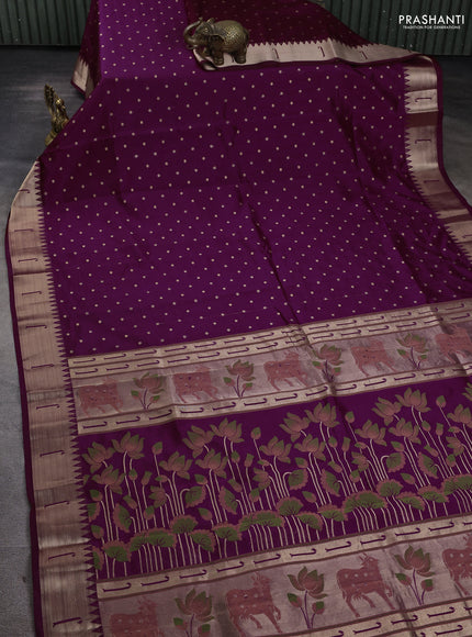 Semi raw silk saree purple with allover zari woven buttas and paithani weaving pallu
