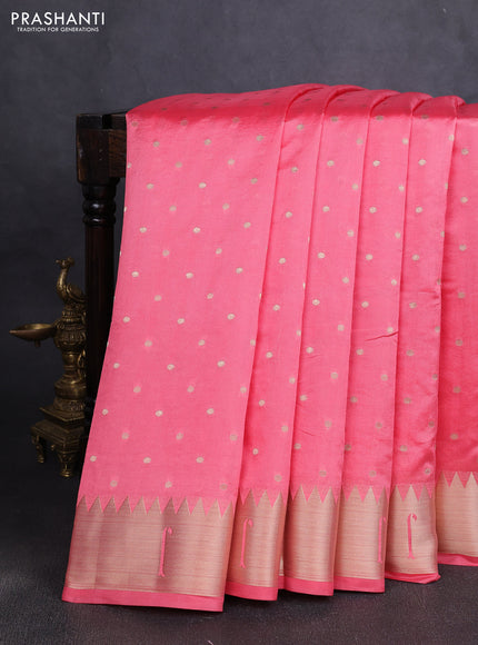 Semi raw silk saree peach pink with allover zari woven buttas and paithani weaving pallu