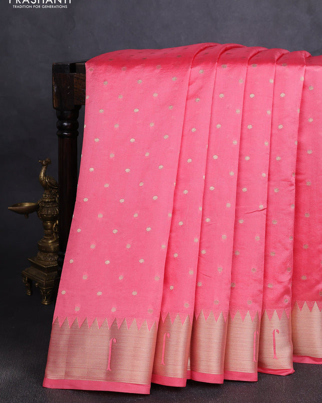 Semi raw silk saree peach pink with allover zari woven buttas and paithani weaving pallu