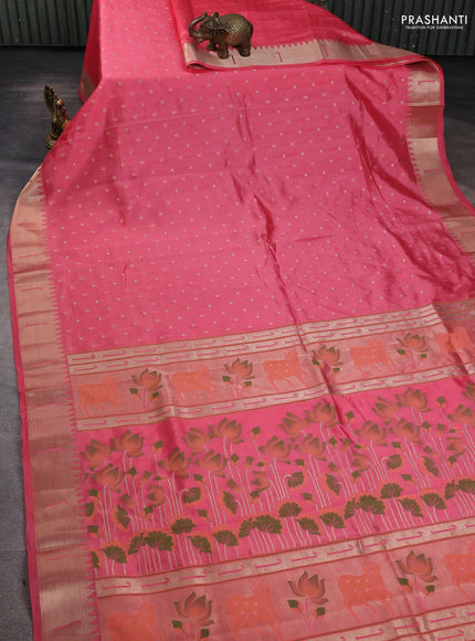 Semi raw silk saree peach pink with allover zari woven buttas and paithani weaving pallu