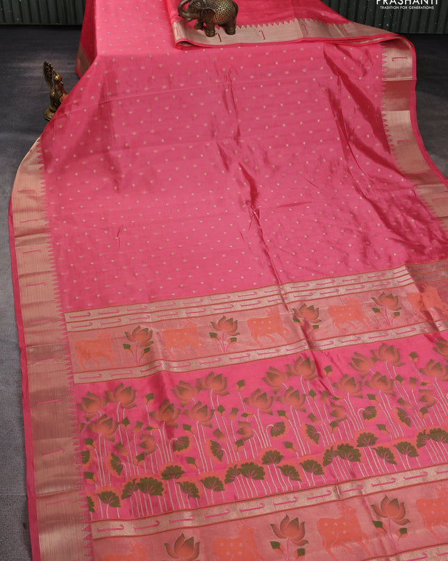 Semi raw silk saree peach pink with allover zari woven buttas and paithani weaving pallu