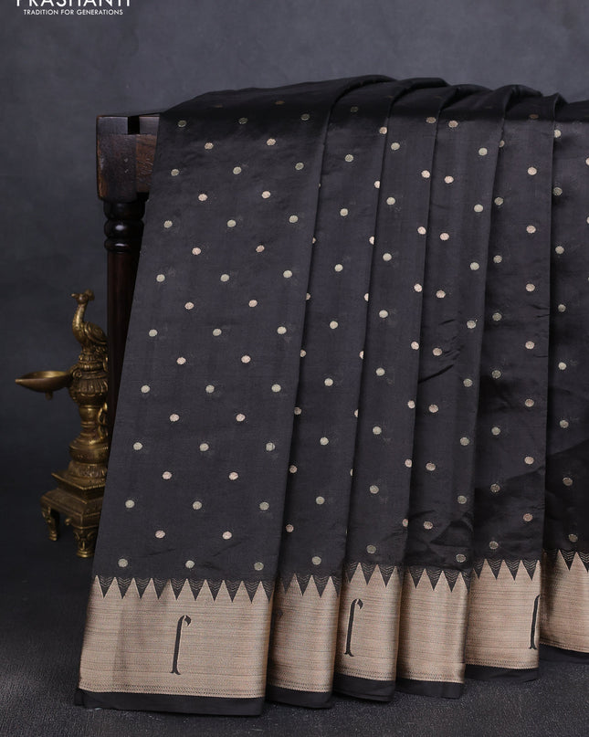 Semi raw silk saree black with allover zari woven buttas and paithani weaving pallu