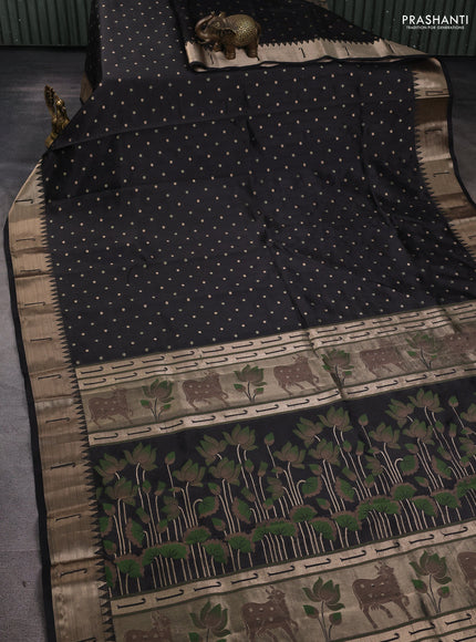 Semi raw silk saree black with allover zari woven buttas and paithani weaving pallu
