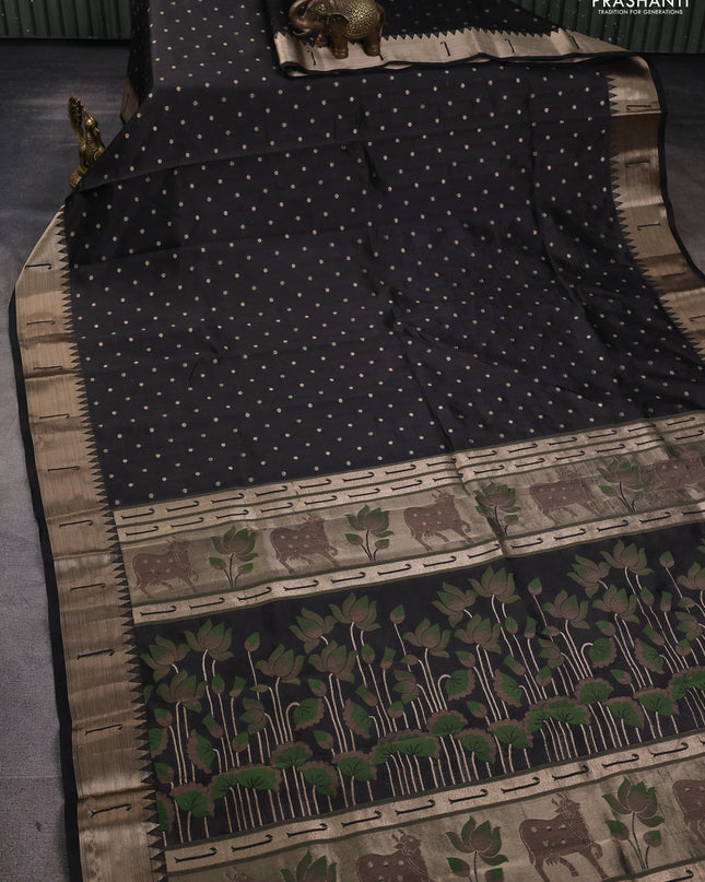 Semi raw silk saree black with allover zari woven buttas and paithani weaving pallu