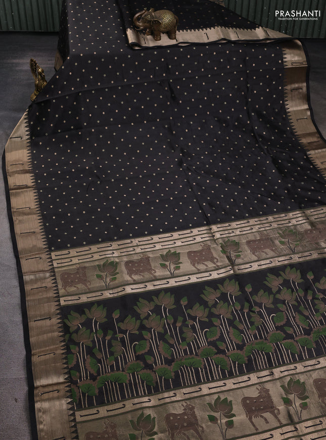 Semi raw silk saree black with allover zari woven buttas and paithani weaving pallu